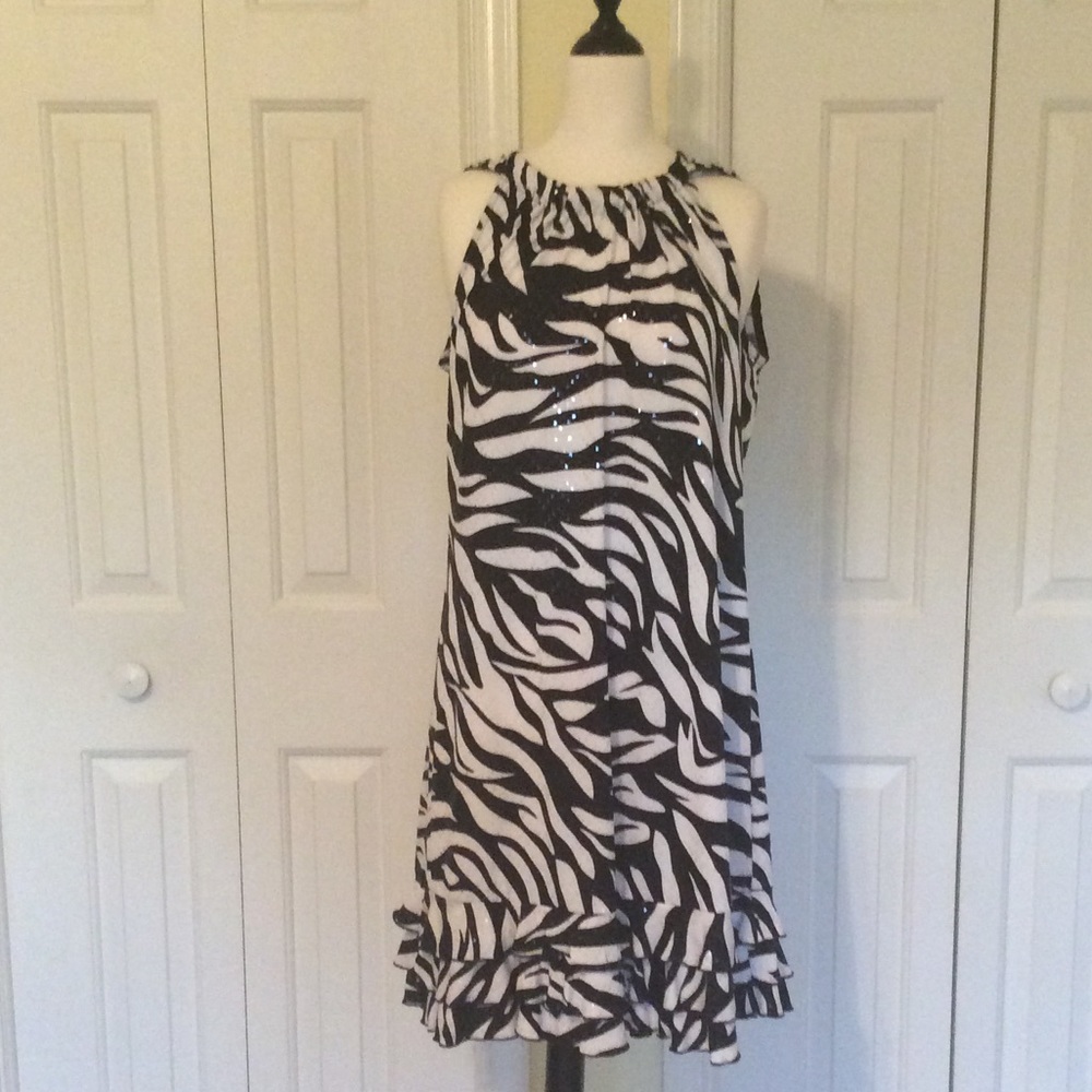 Black & white zebra print dress w/ clear sequins.